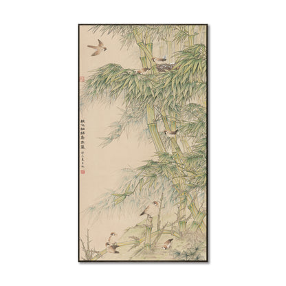"Birds fly out of their nests in the clear rain" framed silk prints