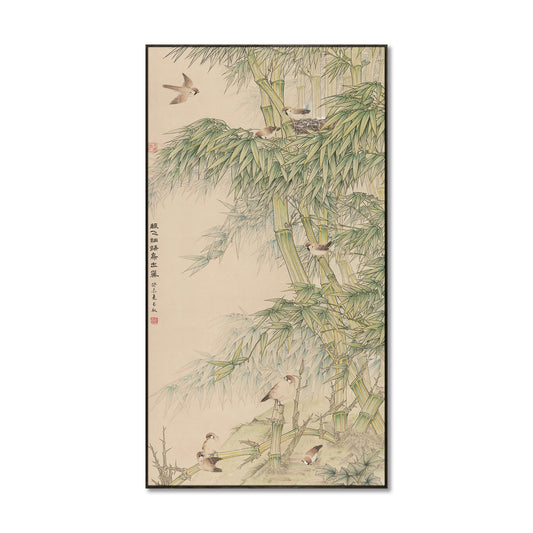 "Birds fly out of their nests in the clear rain" framed silk prints
