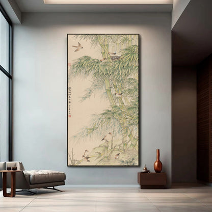 "Birds fly out of their nests in the clear rain" framed silk prints