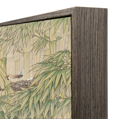 "Birds fly out of their nests in the clear rain" framed silk prints