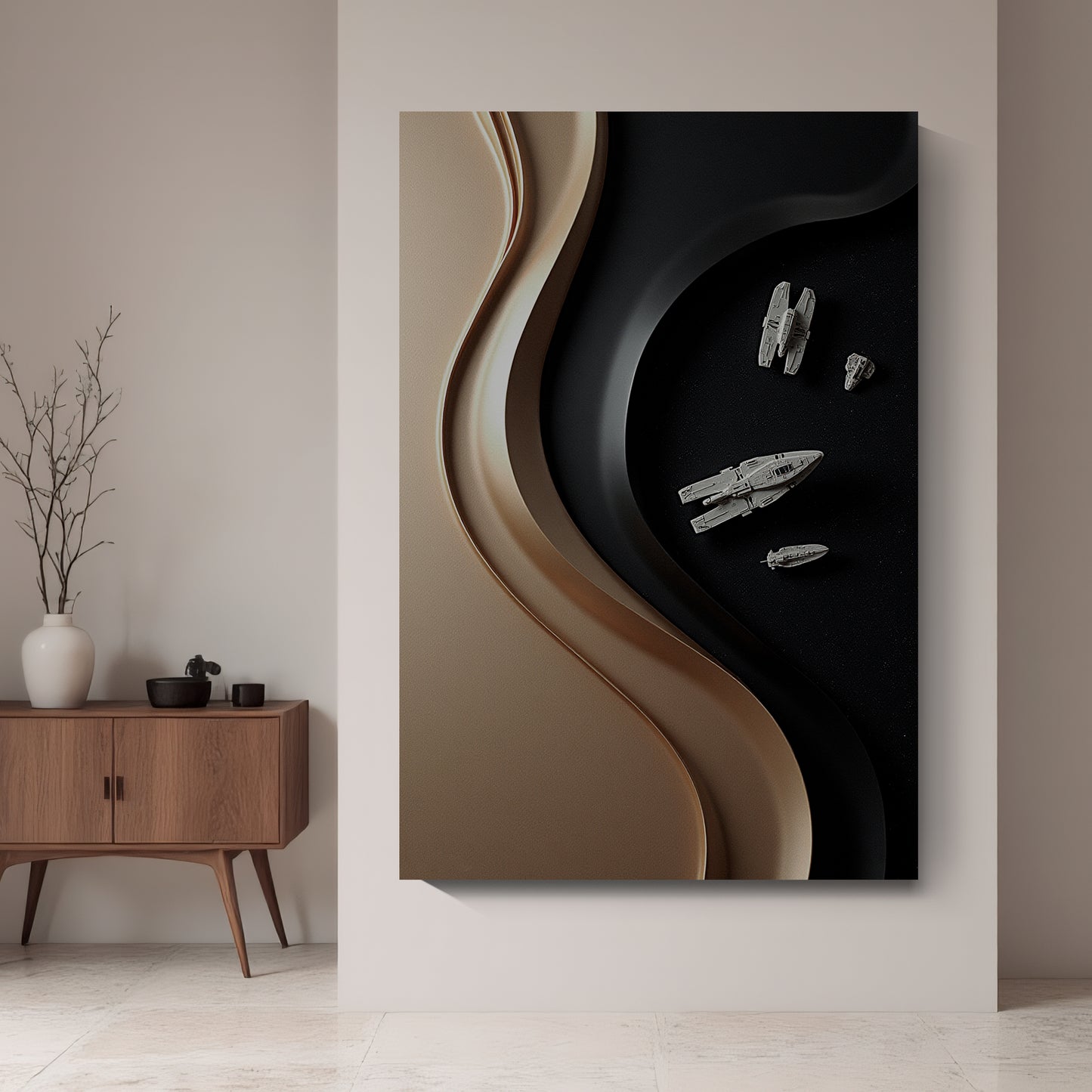 Black and brown wall sculpture, 3D wooden wall art, simple wall decoration.