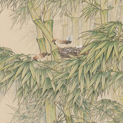 "Birds fly out of their nests in the clear rain" framed silk prints