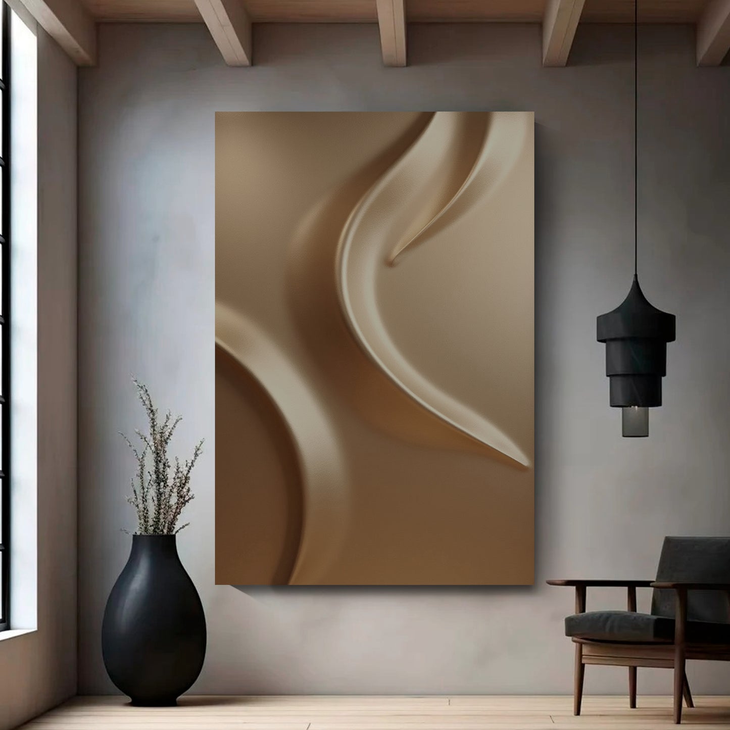 Light brown wall sculpture, 3D wooden wall art, simple wall-mounted home decoration.