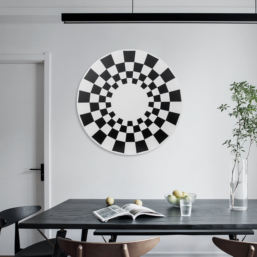 Black and White Checkerboard Wood Carving Installation Art